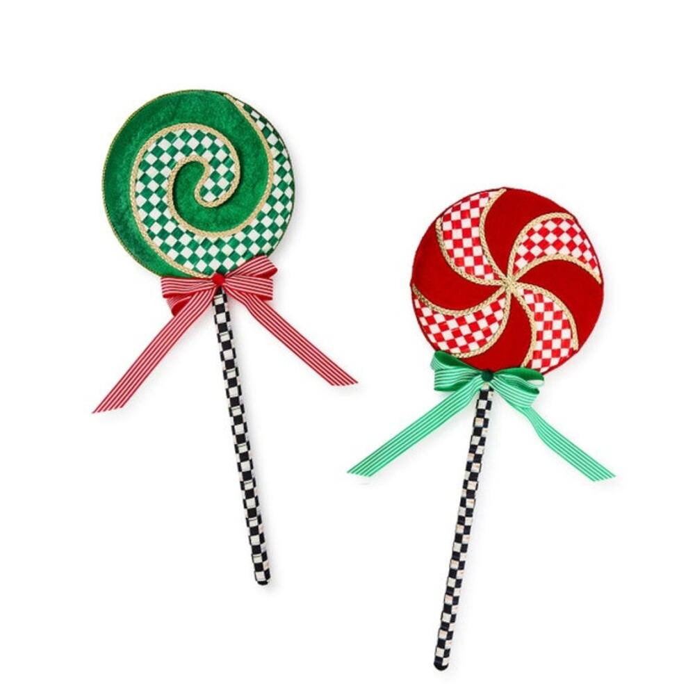 NEW Mackenzie-Childs Check It Out Medium Fabric Lollipop Picks, Set of 2